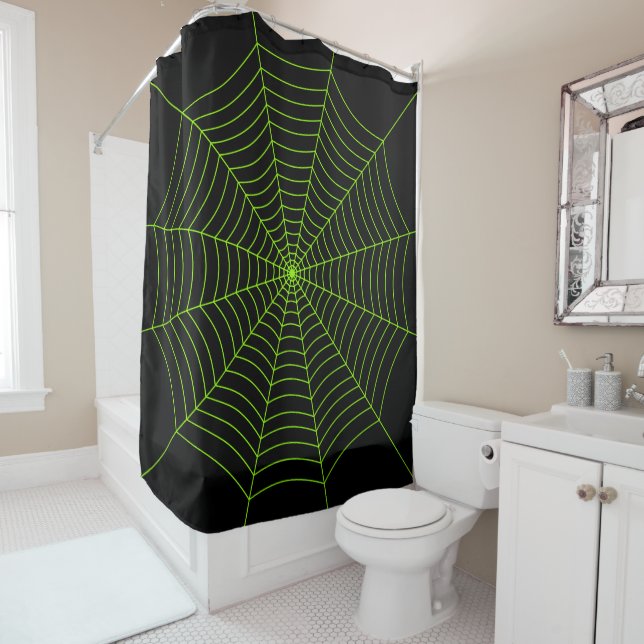 Black neon green spider web Halloween pattern Shower Curtain (In Situ)