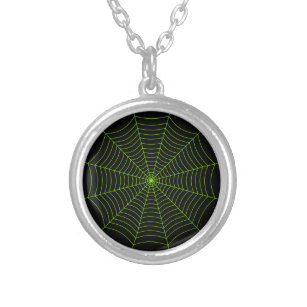 Black neon green spider web Halloween pattern Silver Plated Necklace