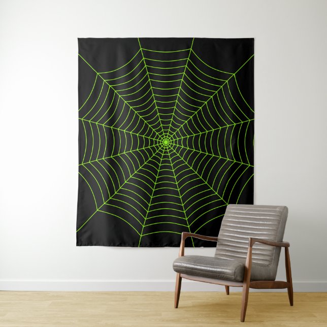 Black neon green spider web Halloween pattern Tapestry (In Situ)