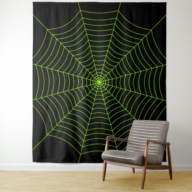 Black neon green spider web Halloween pattern Tapestry (In Situ)
