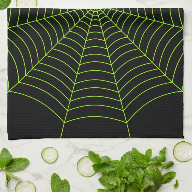 Black neon green spider web Halloween pattern Tea Towel (Folded)