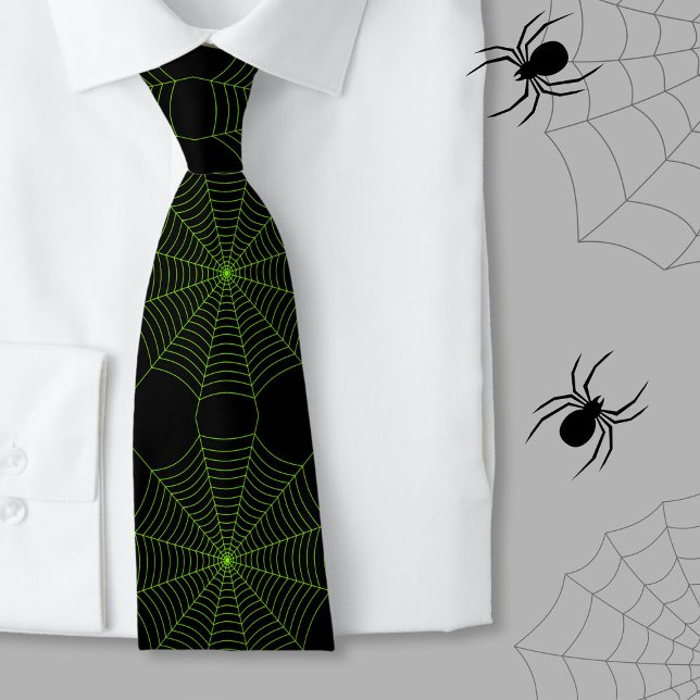 Black neon green spider web Halloween pattern Tie (Creator Uploaded)