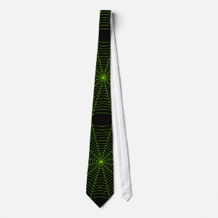 Black neon green spider web Halloween pattern Tie