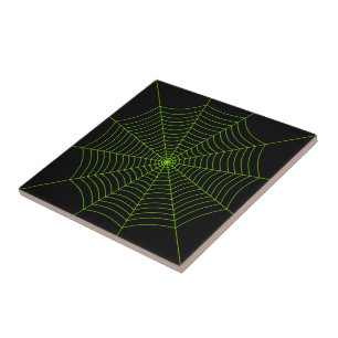 Black neon green spider web Halloween pattern Tile