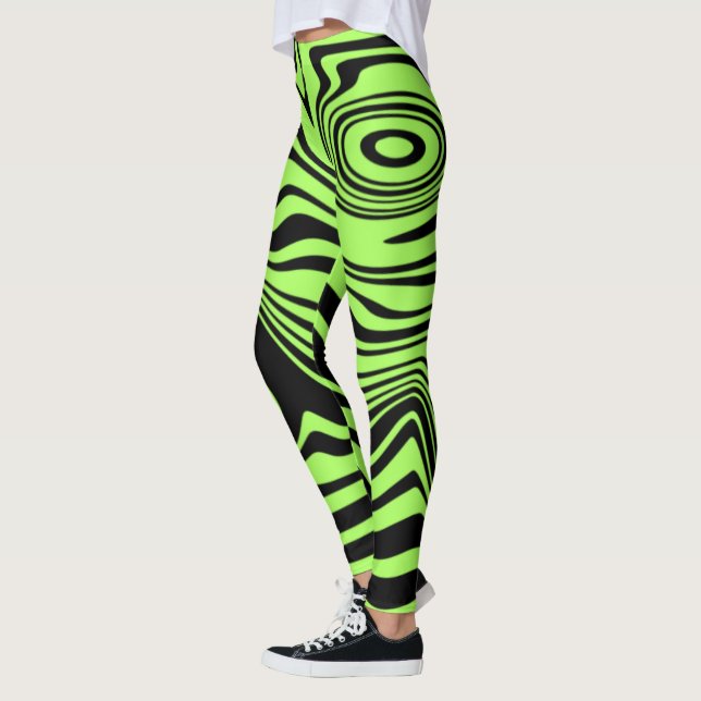 Black Neon Green Wavy Striped Leggings Your Colour (Left)