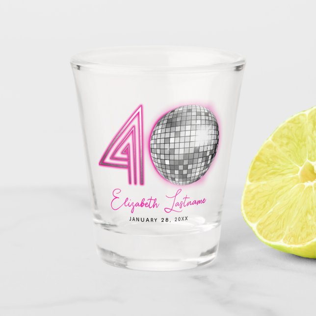 Black Neon Pink Disco Ball Forty 40th Birthday Shot Glass (Front)