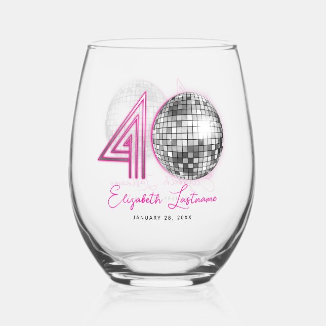 Black Neon Pink Disco Ball Forty 40th Birthday Stemless Wine Glass (Front)