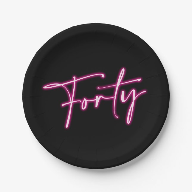 Black Neon Pink Forty 40th Birthday Paper Plates (Front)