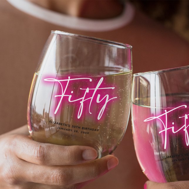 Black Neon Pink Forty 50th Birthday Stemless Wine Glass (Creator Uploaded)