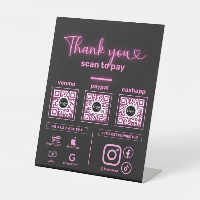 Black Neon Pink Scan to pay 3 QR Codes Thank you Pedestal Sign (Front)