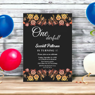 Black Neon Roses Romantic Floral 1st Birthday Invitation