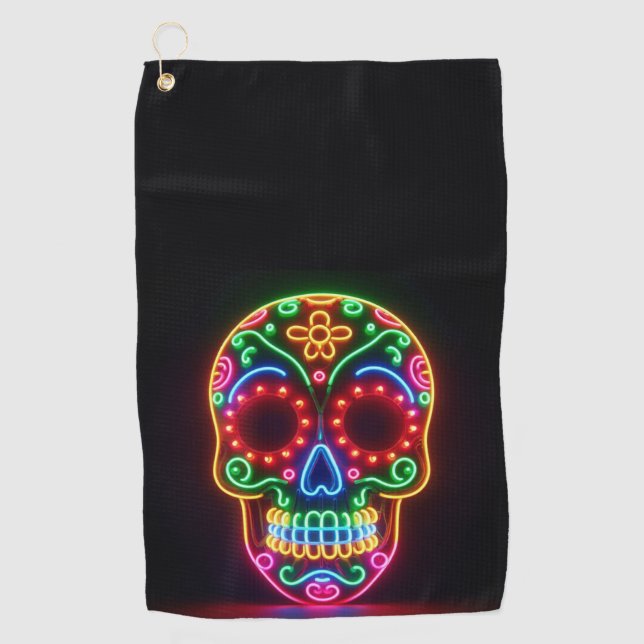 Black, neon sugar skull/day of the dead golf towel (Front)