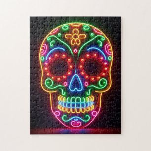 Black, neon sugar skull/day of the dead jigsaw puzzle