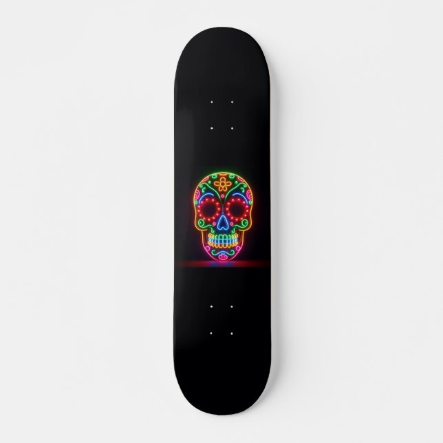 Black, neon sugar skull/day of the dead skateboard (Front)