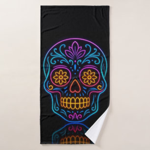 Black, neon sugar skull/day of the dead welcome bath towel