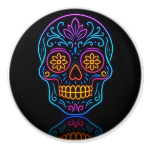 Black, neon sugar skull/day of the dead welcome ceramic knob