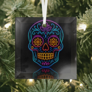 Black, neon sugar skull/day of the dead welcome glass tree decoration