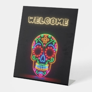 Black, neon sugar skull/day of the dead welcome pedestal sign