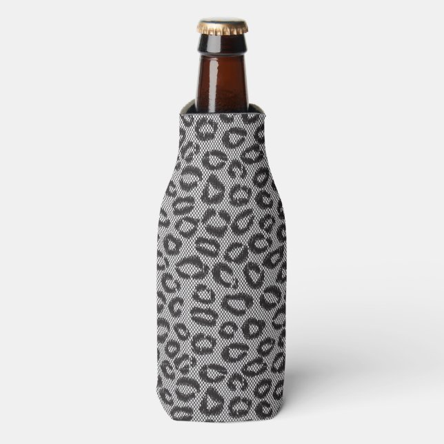 Black net lace with leopard pattern on white bottle cooler (Bottle Front)