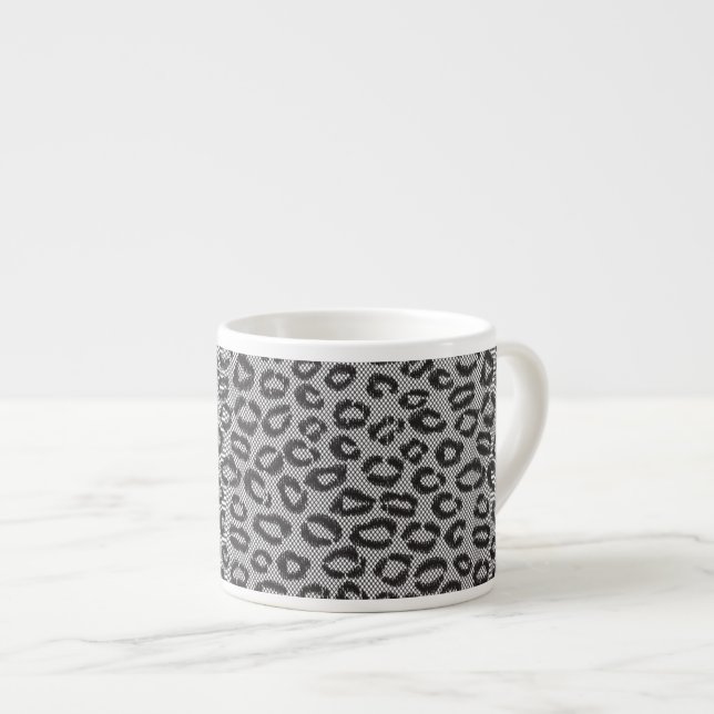 Black net lace with leopard pattern on white espresso cup (Front Right)