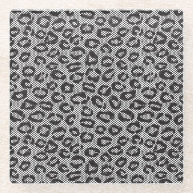 Black net lace with leopard pattern on white glass coaster (Front)