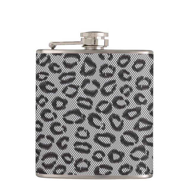 Black net lace with leopard pattern on white hip flask (Front)