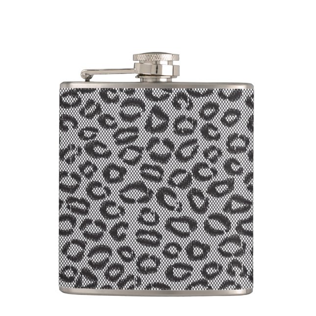 Black net lace with leopard pattern on white hip flask (Front)