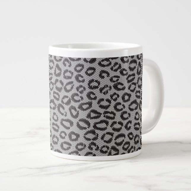 Black net lace with leopard pattern on white large coffee mug (Front Right)