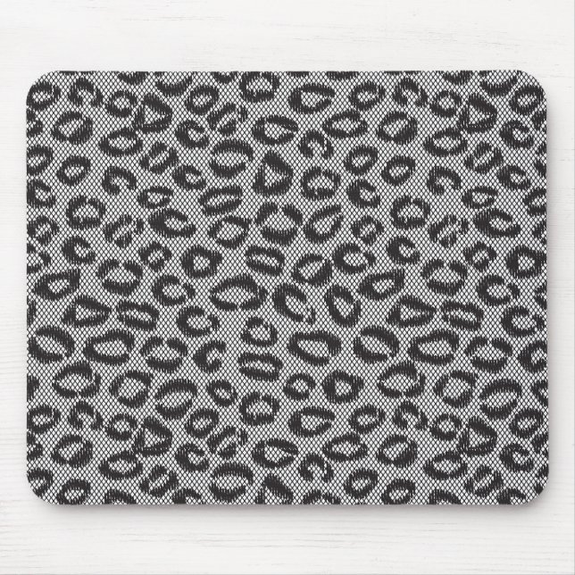 Black net lace with leopard pattern on white mouse mat (Front)