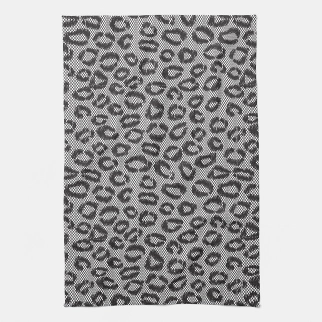 Black net lace with leopard pattern on white tea towel (Vertical)