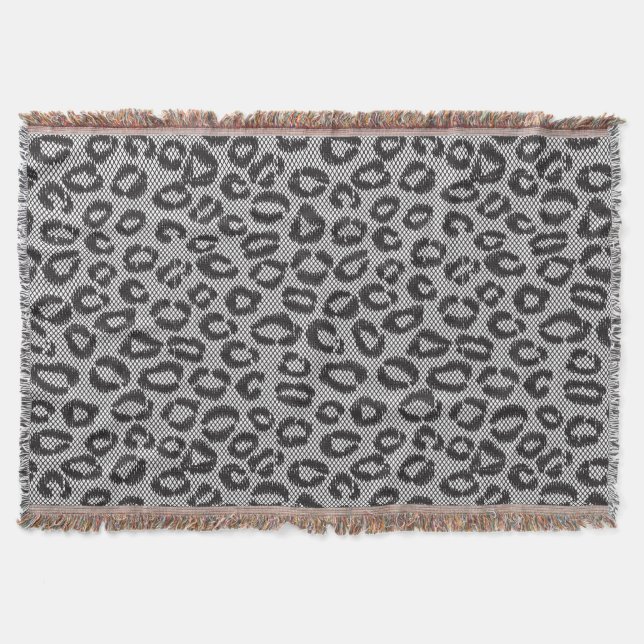 Black net lace with leopard pattern on white throw blanket (Front)