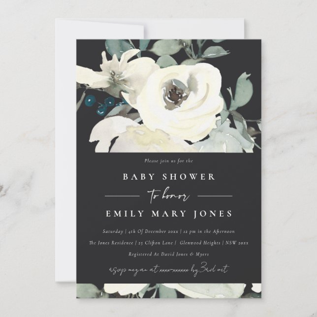 BLACK NEUTRAL IVORY WHITE FLORAL BUNCH BABY SHOWER INVITATION (Front)