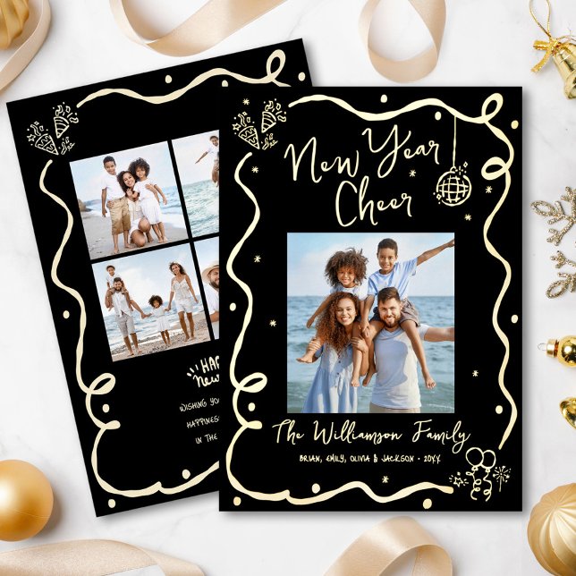 Black New Year Cheer 5 Photo Hand Drawn Real Gold Foil Holiday Card (Creator Uploaded)
