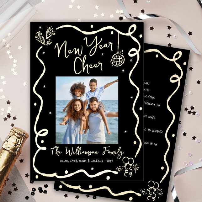 Black New Year Cheer Photo Hand Drawn Real Gold Foil Holiday Card (Creator Uploaded)