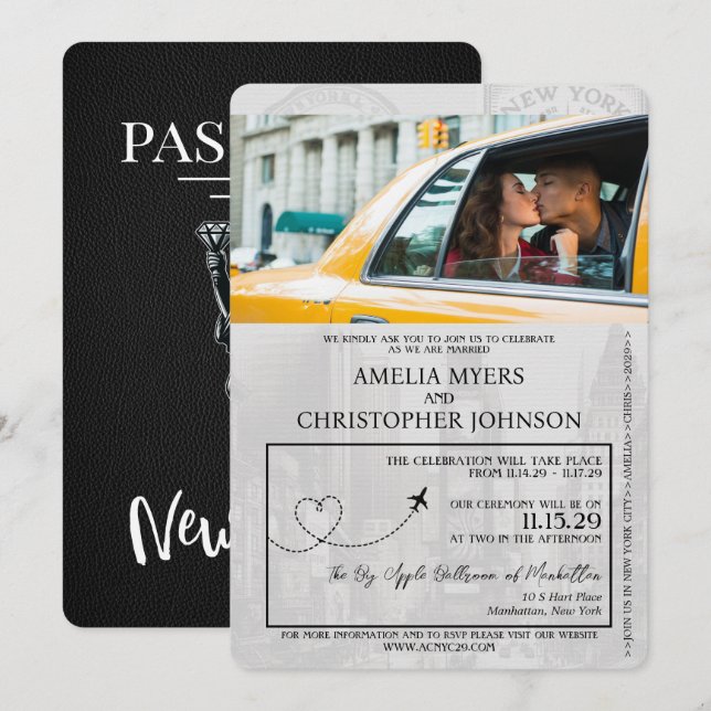 Black New York City Passport Wedding Invitation (Front/Back)
