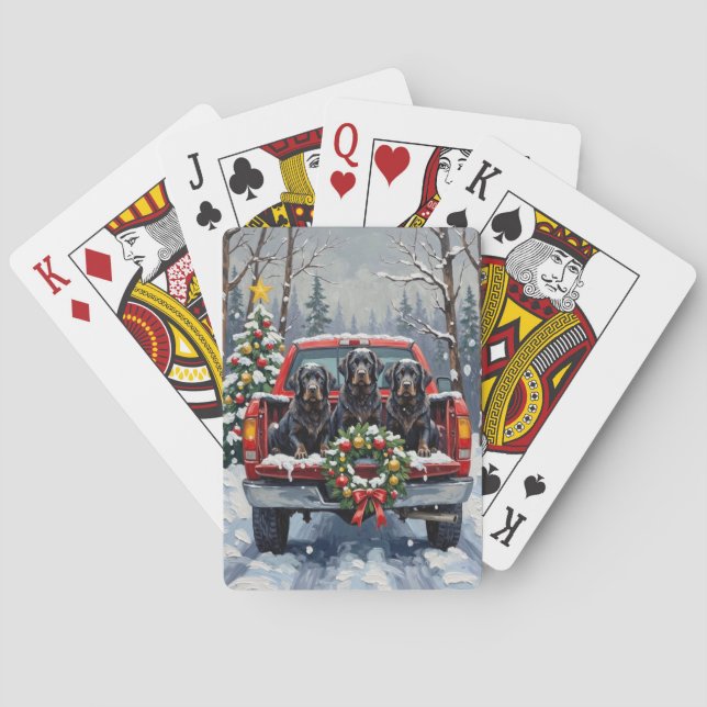 Black Newfoundland Christmas Red Truck Holiday Playing Cards (Back)