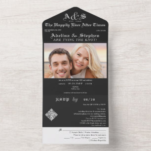 Black Newspaper Happily Ever After QR Code Wedding All In One Invitation