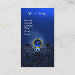 BLACK NIGHT BLUE DAMASK GEMSTONE MONOGRAM BUSINESS CARD
