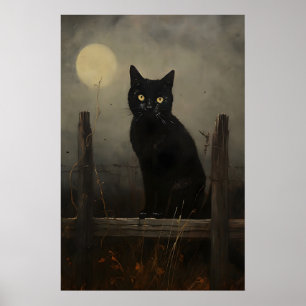 Black Night Cat Vintage Print, Moon Cat On A Fence Poster