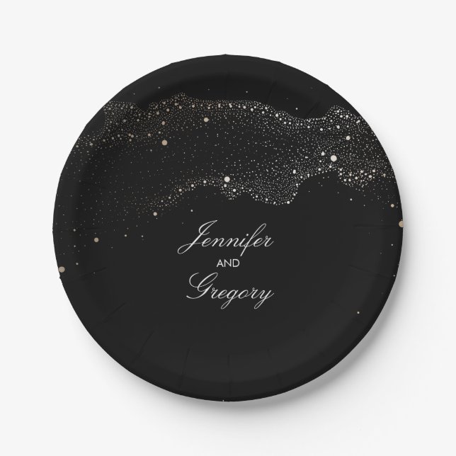 Black Night Gold Stars Elegant Romantic Wedding Paper Plate (Front)