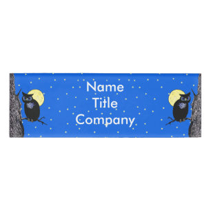 Black Night Owl Illustration Yellow Moon Stars Name Tag