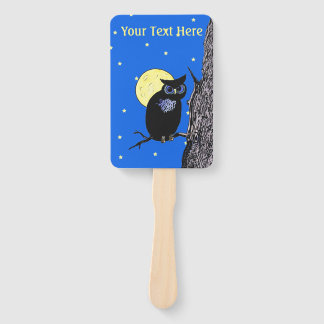Black Night Owl in Tree Yellow Moon Stars Hand Fan