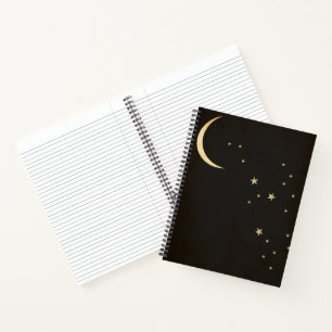 Black night sky gold crescent moon stars notebook