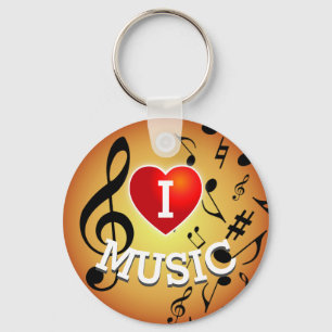 (BLACK NOTES on Gold) I Love (Heart) Music Key Ring