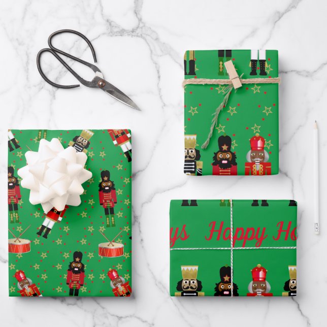 Black Nutcracker Christmas Wrapping Paper Green (Front)