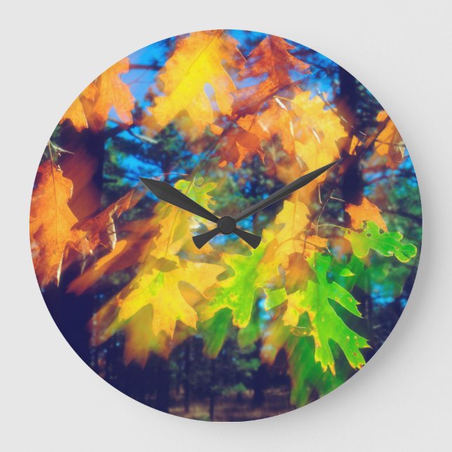 Black Oak Leaves blowing in the Wind Large Clock (Front)