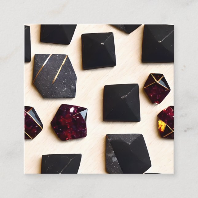 Black Obsidian and Garnet Gold Geometric Hexagon P Square Business Card (Front)