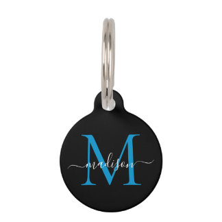 Black Ocean Blue Monogram Feminine Script Name Pet Tag