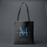 Black Ocean Blue Monogram Script Name Initial Tote Bag<br><div class="desc">Modern Black Ocean Blue Monogram Elegant Script Name Initial Tote Bag</div>