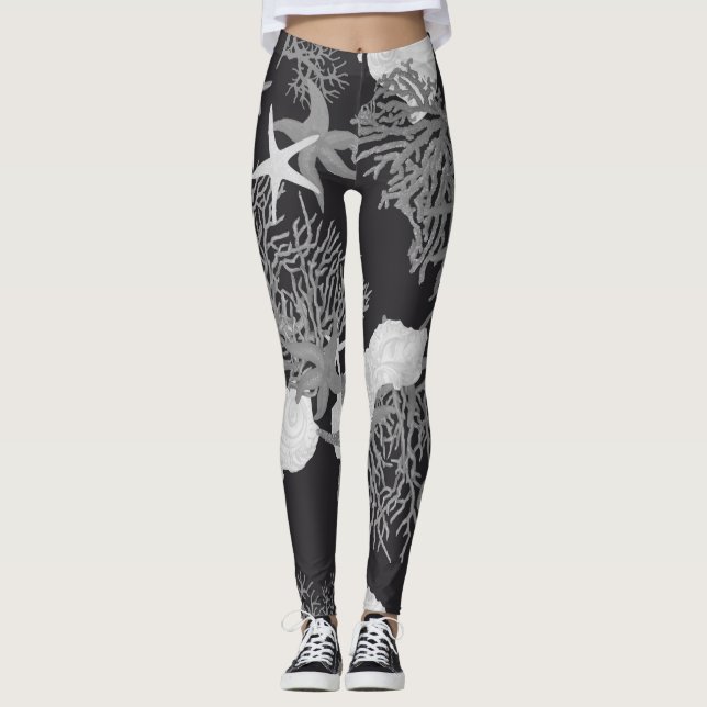 Black Ocean Leggings Elegant Coral & Shell Design (Front)